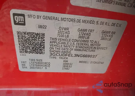 2022 Chevrolet Silverado 1500 4Wd Standard Bed Lt Trail Boss из США, поврежденный, VIN 3GCUDFEL3NG669037